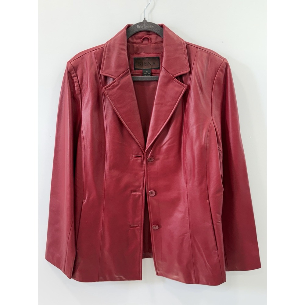 Siena Women's Red Blazer Jacket Size 12 100% Genuine Leather 3 Button Coat